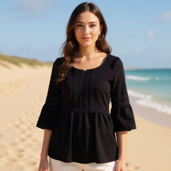 Women's Black Embroidered Accents Scoop Neck Flutter-Sleeved Blouse - Picture 2 of 5